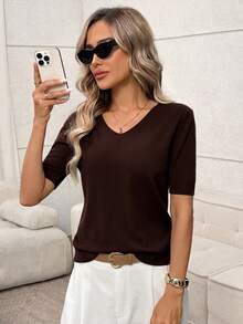 Easowa Top de punto de cuello en V liso para otoño/invierno - Marrón - Ver 3