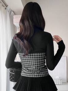 FRIFUL Women's Patchwork Houndstooth Bow Decor Long Sleeve Fashion T-Shirt Fall - Black - View 3