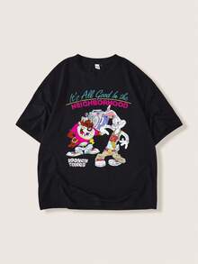LOONEY TUNES X SHEIN 男士圓領字母卡通印花休閒百搭日常旅行短袖T恤 - 黑色 - 查看 1