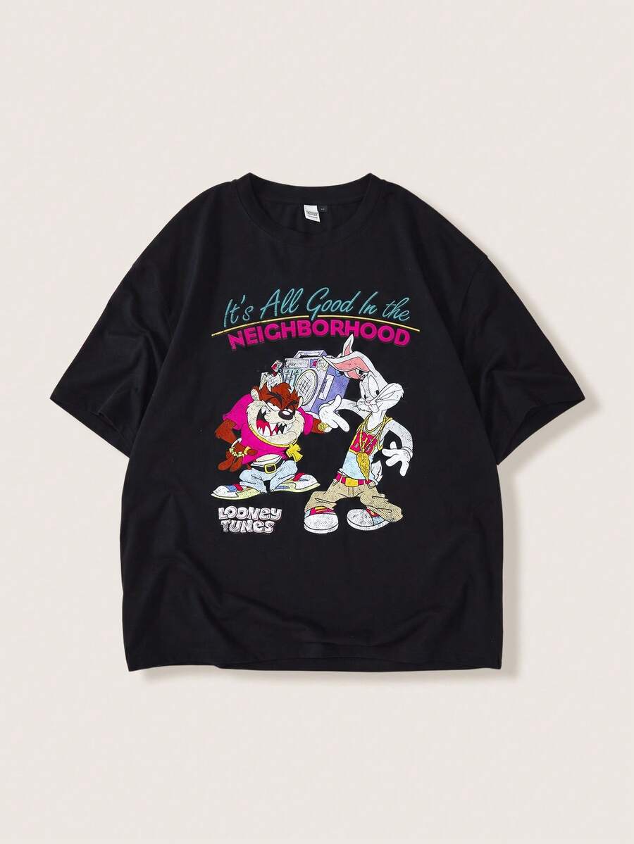 LOONEY TUNES X SHEIN 男士圓領字母卡通印花休閒百搭日常旅行短袖T恤 - 黑色 - 查看 1
