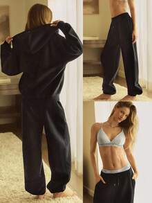 GLOWMODE Heavyweight Fleece Oversized Fit Adjustable Drawstring Waist Basic Joggers With Side Pockets Daily Casual Thermal Warm Winter - Black - View 6