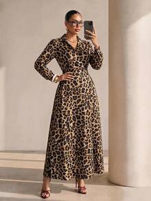 Structelle Women's Casual Elegant Long Sleeve Animal Leopard Print Pocket Button Front Collar Dress Office Work Dinner Beige Autumn - Multicolor - View 1
