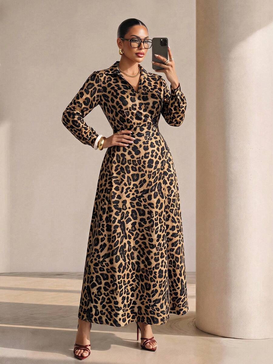 Structelle Women's Casual Elegant Long Sleeve Animal Leopard Print Pocket Button Front Collar Dress Office Work Dinner Beige Autumn - Multicolor - View 1