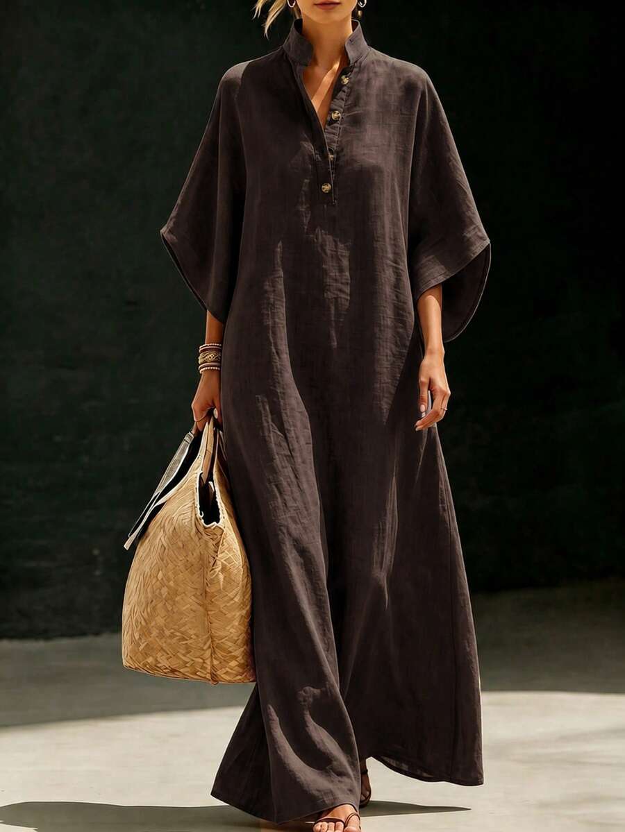 Balvessa Gaun Panjang Wanita Warna Beige dengan Tekstur Linen Imitasi, Kerah Tegak, Kancing, Gaun Kasual untuk Liburan Pantai - Coklat - View 1