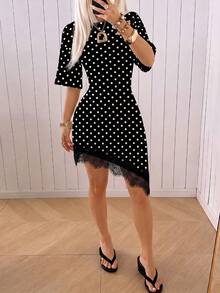 SHEIN EZwear 復古黑白波點針織蕾絲拼接緊身洋裝（女款），秋季上衣，派對早午餐，夏季，聖誕節，新年，優雅 - 彩色 - 查看 6