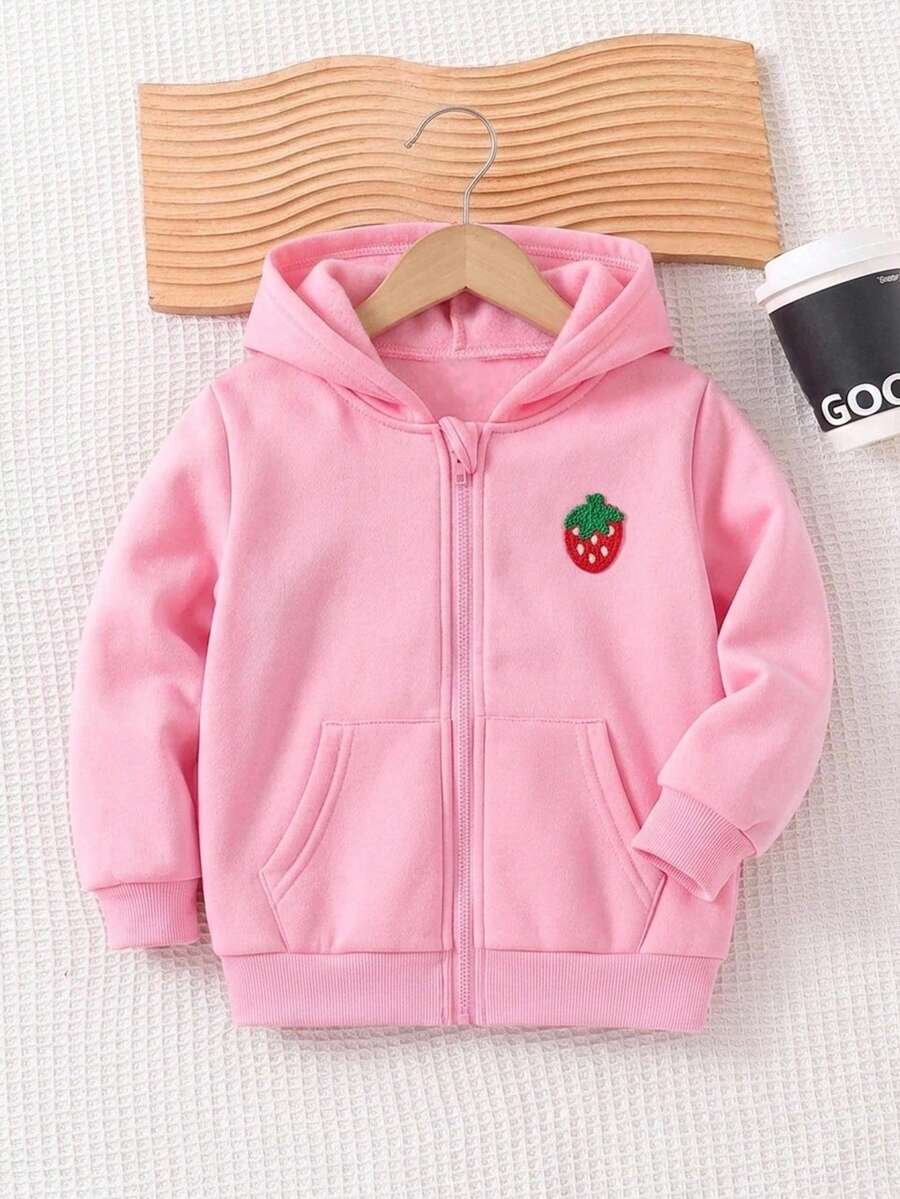 SHEIN Young Girl Knit Solid Color Strawberry Patch Hooded Casual Jacket - Multicolor - View 1