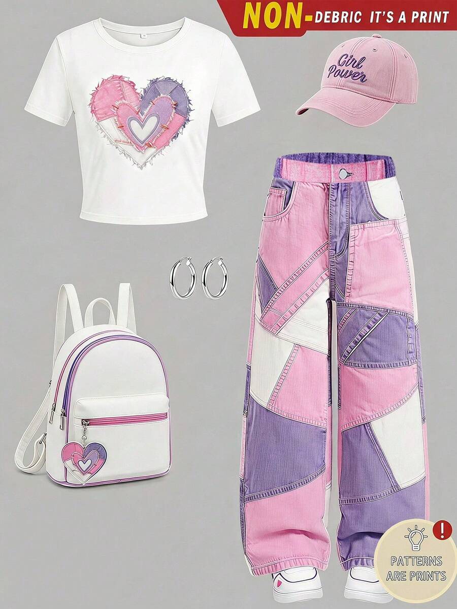 SHEIN 2pcs/Set Teen Short Sleeve & Long Pants Set, Bow Ribbon Pink, Suitable For Spring/Summer, Sports & Commute - Multicolor - View 1