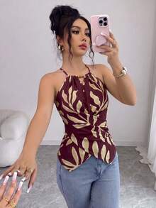 Elenzga 女款夏季優雅通勤酒紅紅杉色珠飾裝飾V領不對稱下擺交叉繫帶收腰掛脖上衣 - 彩色 - 查看 4