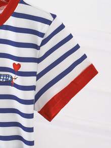 SHEIN Playful Pals 2026春夏新款女童时尚休闲舒适度假条纹领口和袖口撞色设计，仿刺绣爱心狗条纹印花短袖圆领T恤，适合夏季穿着 - 彩色 - 查看 6