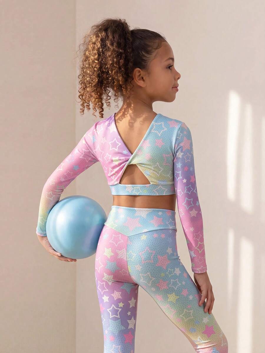 SHEIN Young Girls' Long Sleeve Crop Top And Leggings Set, Pastel Rainbow Gradient, All-Over Star Print, Twist-Front V-Neck Crop Top, Solid, Knit, Fitted - Black - View 1