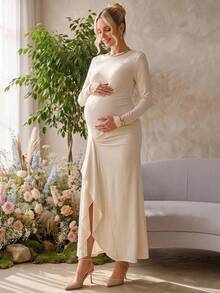 Loomaby Maternity Solid Color Round Neck Long Sleeve Ruffle Hem Split Hem Dress Dress Gender Reveal Dress Maternity Dress Baby Shower Dress Fall - Khaki - View 5