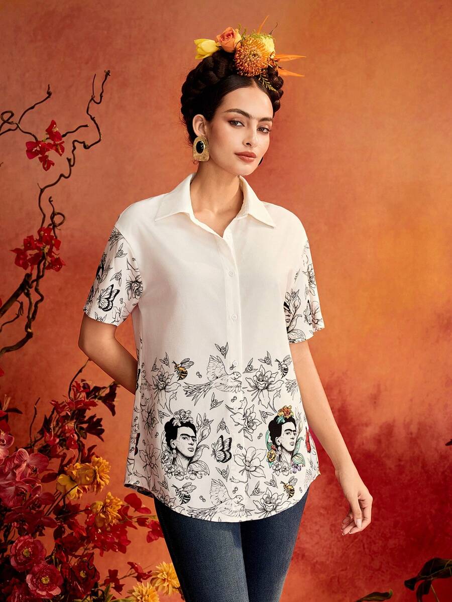 Glamance Frida Kahlo X SHEIN Women's Floral Print Casual Versatile Everyday Outing Blouse - White - View 1