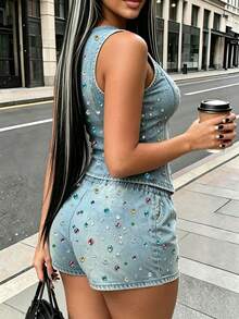 Rovax Women's Colorful Rhinestone Decor Round Neck Top And Drawstring Waist Shorts Casual Daily 2-Piece Set - Multicolor - View 2