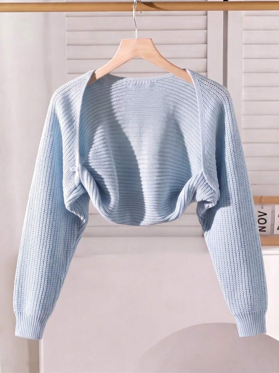 SHEIN Cardigan Pendek Warna Polos Kasual Serbaguna untuk Remaja Perempuan - Biru - View 1