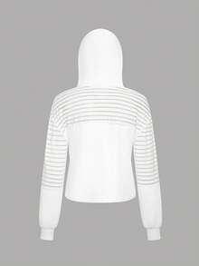 Streetz SHEIN Sport Color Block Striped Cropped Sweatshirt Patchwork Striped Fabric On Shoulder And Upper Sleeves, Solid Fro - White - View 7