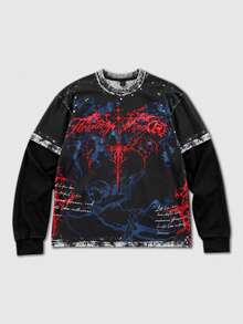 ROMWE MEN Men's Loose Fit Long Sleeve 2 In 1 T-Shirt - Black - View 7