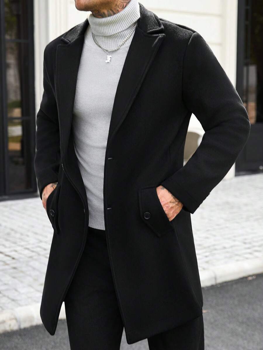 Manfinity CasualCool Men's Solid Color Pocket & Button Front Long Sleeve Overcoat, Autumn Fall, Winter Ceremony - Black - View 1