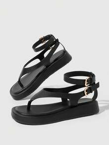 HighSole صنادل نسائية مريحة وكاجوال بنعل منصة وحزام وأصبع مربع، صيفية للاستخدام اليومي والتنقل، بتصميم بسيط بلون جملي، مناسبة للقدم الضيقة - أسود بو - مشاهدة 3