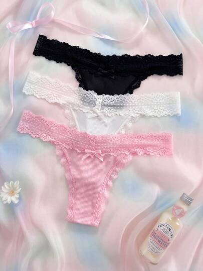 Eraneu 3pcs/Set Lace Patchwork Bowknot Sexy Comfortable Charming Colorful Girls Thong Panties