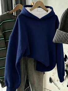 青少年女孩休閒簡約長袖連帽寬鬆加厚衛衣，適合秋冬穿著 - 藍色 - 查看 7