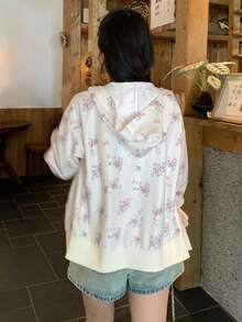 DAZY 秋季連帽長袖米白色碎花拉鍊式寬鬆短版甜美休閒約會通勤女款運動衫 - 白色 - 查看 10