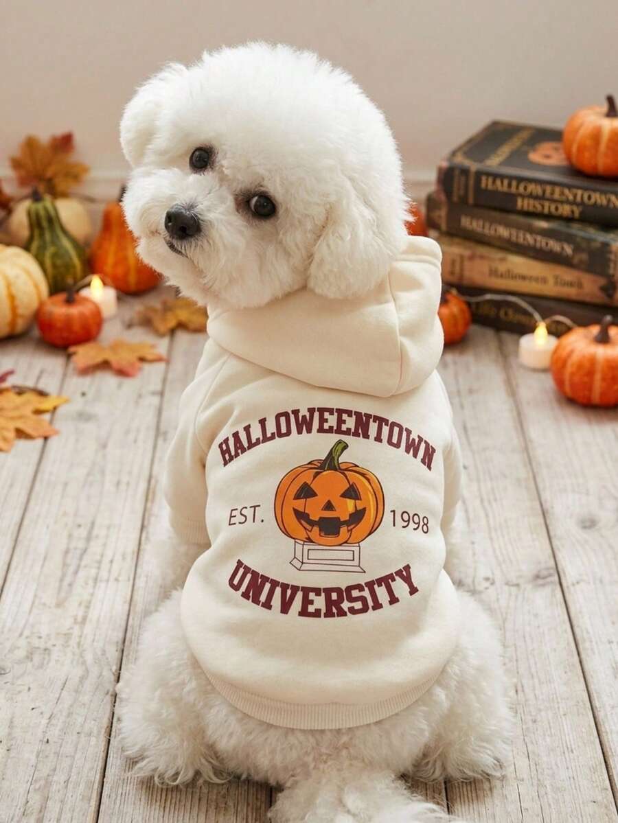 PETSIN 1pc Evil Pumpkin Pattern And Letter Printed Pet Hoodie, White Casual Style, Thick Warm Pet Clothing For Autumn And Winter - Beige - View 1