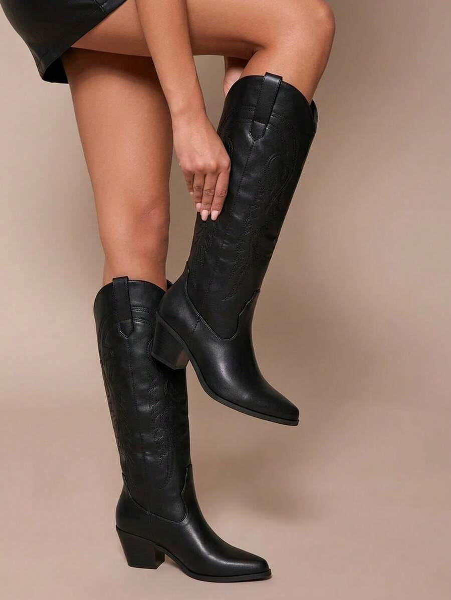 Daringsoles Women's Pointed Toe Slip-On Mid-Calf Boots, Embroidered Western Cowgirl Boots, Warm Boots For Autumn/Winter Boots - Black - View 1