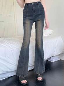 DAZY Celana Jeans Model Flare Denim Ketat dengan Efek Lusuh untuk Remaja Putri Musim Gugur - Biru - View 4