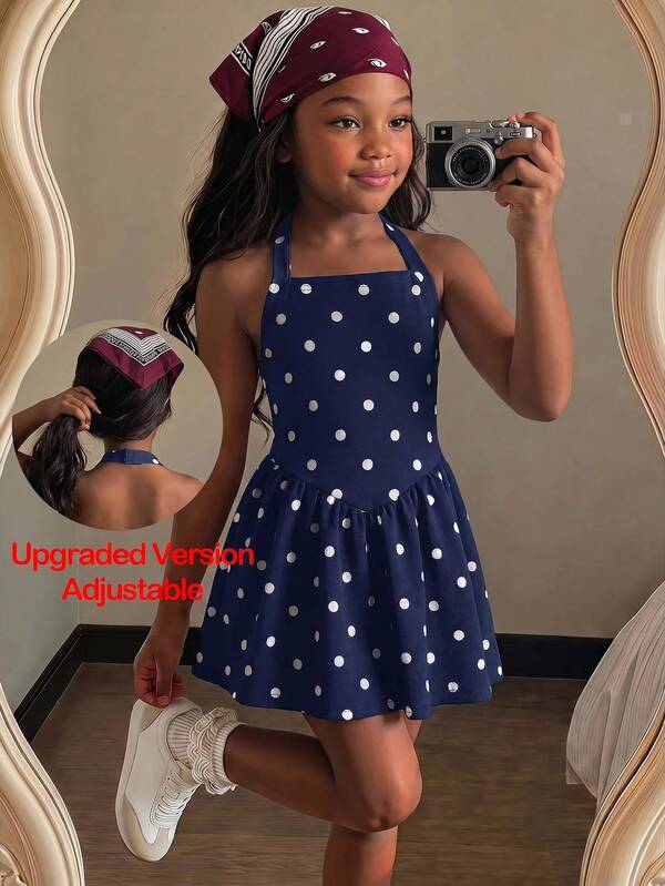 SHEIN Vestido casual de moda para niña joven con cuello halter, estampado de lunares y corte en A