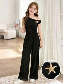 This Tween Girls T-Shirt Set Features An Off-The-Shoulder Design, With A Spaghetti Strap On One Side Supporting The Shoulder While The Other Naturally Falls To Reveal The Shoulder, Creating A Subtly Look. The Gathered Waistline Naturally Accentuates The Figure, Making It Perfect For Spring And Summer. - Black - View 3