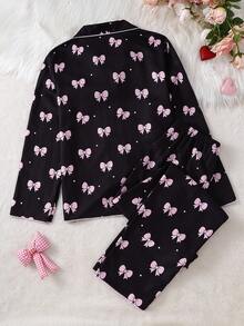 Teen Girls Black Base Bow Print Long Sleeve Cardigan & Long Pants 2 Pieces Set, Casual Comfortable Loungewear - Black - View 2