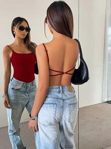 INAWLY Solva Women's Solid Color Sexy Backless Criss-Cross Design Spaghetti Strap Camisole - Burgundy - View 2