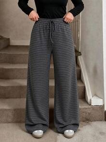 Lacomfia Autumn/Winter Striped Casual Elegant Cinched Waist Versatile Loose Knit Textured Plus Size Women's Long Pants - Multicolor - View 3