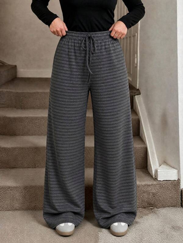 Lacomfia Autumn/Winter Striped Casual Elegant Cinched Waist Versatile Loose Knit Textured Plus Size Women's Long Pants