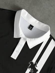 Manfinity EMRG 男士經典撞色杏色與黑色條紋馬標誌鈕扣 Polo 衫，夏季必備 - 彩色 - 查看 5
