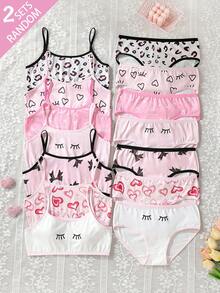 2 Sets Random, Girls Children Heart Winking Eye Bow Leopard Print Series Cute Sweet Minimalist Contrast Color Basic Camisole Triangle Set - Multicolor - View 1