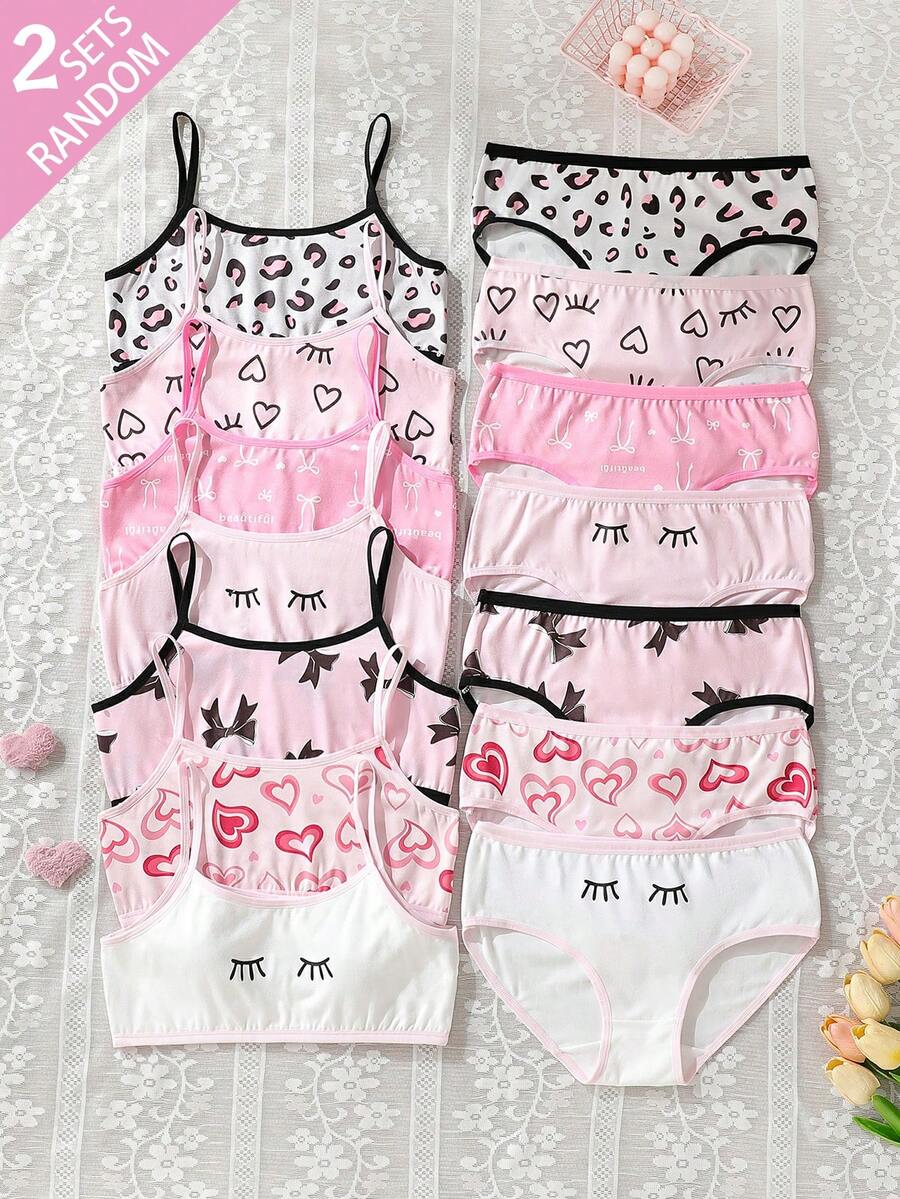 2 Sets Random, Girls Children Heart Winking Eye Bow Leopard Print Series Cute Sweet Minimalist Contrast Color Basic Camisole Triangle Set - Multicolor - View 1