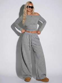 Normani Women's Solid Color Drawstring Waist Casual Sporty Versatile Daily Wear Sweatpants Gym Light Grey Autumn - Light Grey - View 8