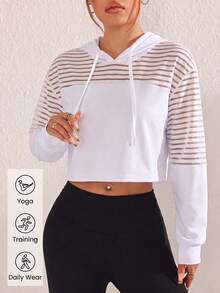 Streetz SHEIN Sport Color Block Striped Cropped Sweatshirt Patchwork Striped Fabric On Shoulder And Upper Sleeves, Solid Fro - White - View 1