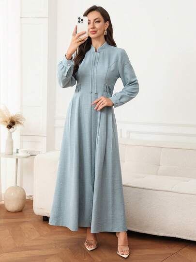 Al Najma Robe arabe élégante à manches longues de couleur unie pour femmes