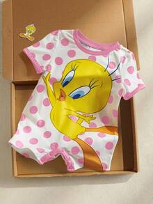 LOONEY TUNES X SHEIN 女嬰波點印花短袖休閒連身衣 - 粉色 - 查看 6