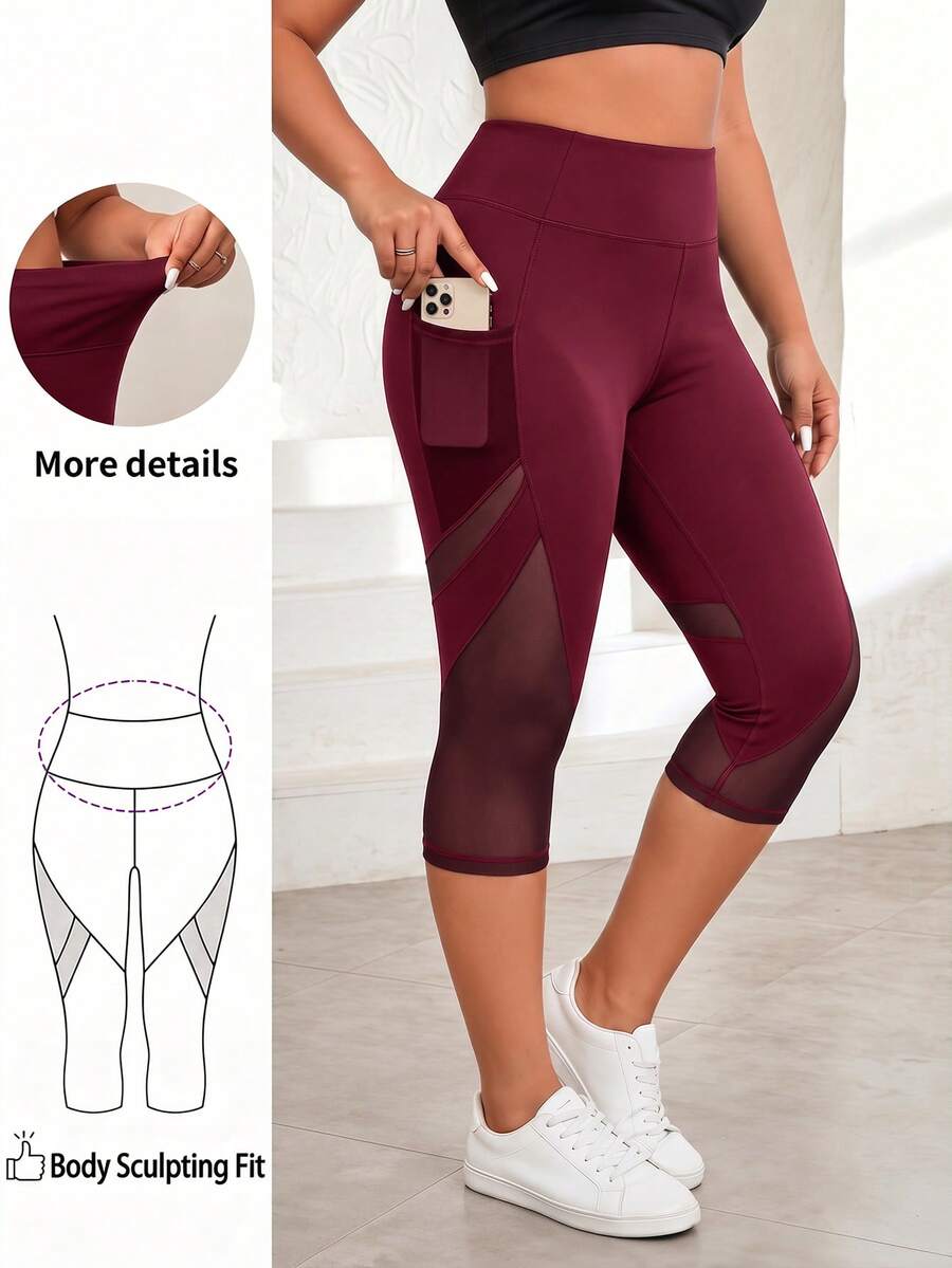 SHEIN Rhythm Era Plus Size Sports Capris - Burgundy - View 1