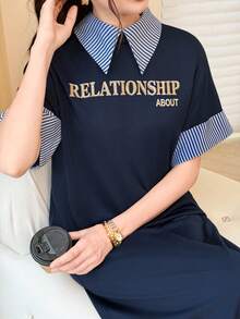 Yasmyna Summer Minimalist Casual Letter Print Striped Patchwork 2 In 1 Short Sleeve Loose Slimming Youthful Women's Long Dress - Multicolor - View 4