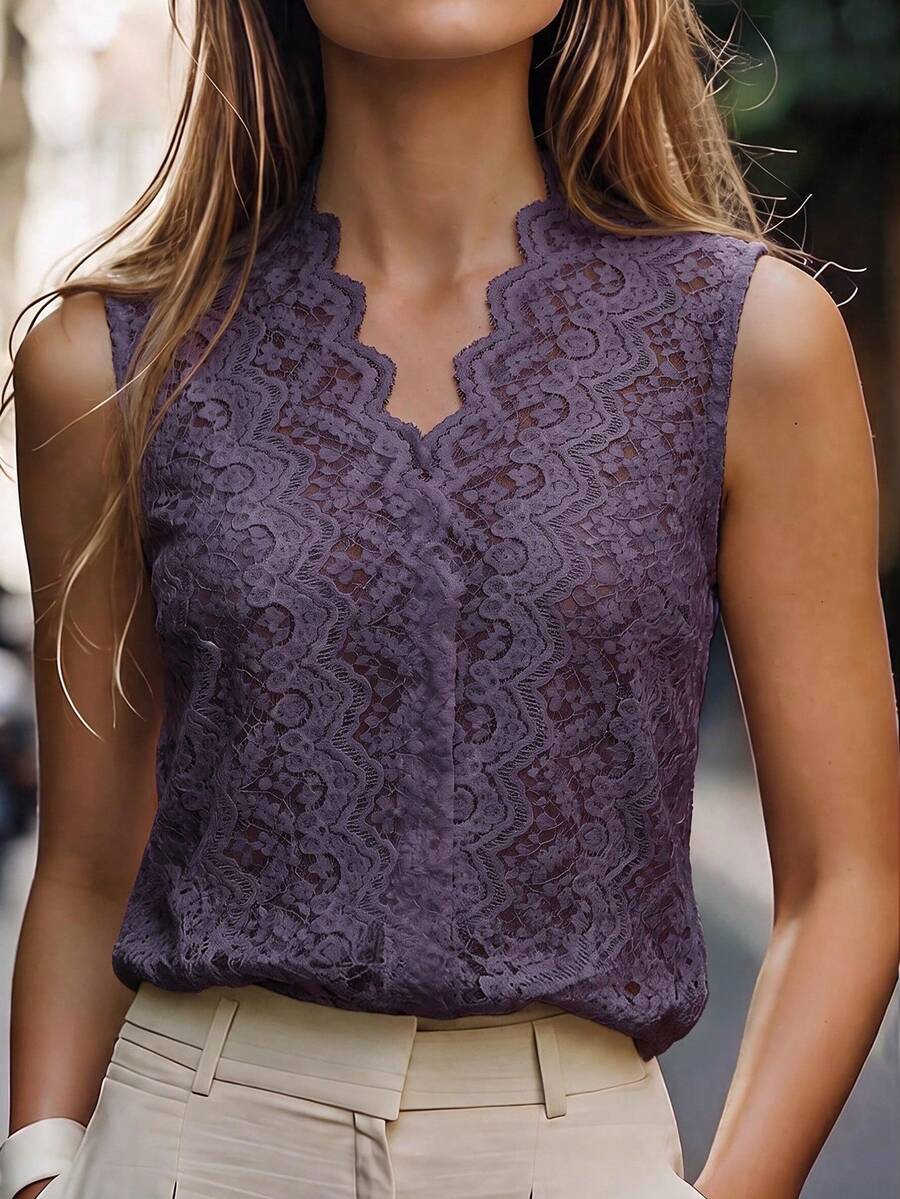SHEIN LUNE Atasan Wanita Ukuran Plus Musim Semi/Panas Satu Potong dengan Tepi Bergelombang, Kerah Tegak, Renda, Tanpa Lengan, Potongan Ramping, Gaya Dewasa yang Menawan, Cocok untuk Pakaian Dalam/Luar. - Dusty Purple - View 1