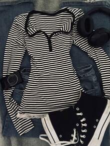 IslaSuriya Women's Long Sleeve Top With Striped Patchwork And Ruffle Hem - Black and White - View 1