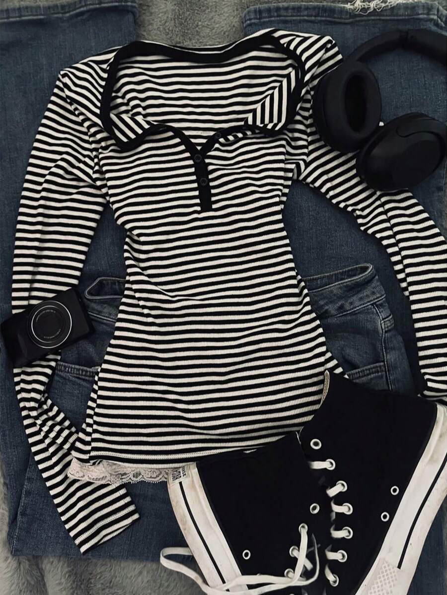 IslaSuriya Women's Long Sleeve Top With Striped Patchwork And Ruffle Hem - Black and White - View 1