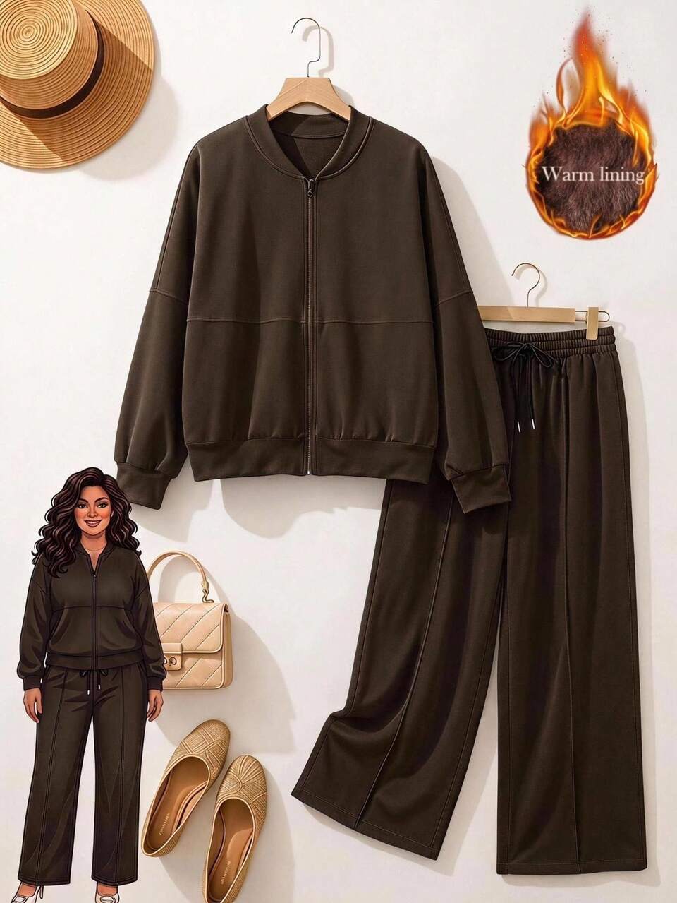 Plus Size Women Solid Color Zipper Long Sleeve Top And Pants Casual Cowboy Daily 2 Pieces Set Vacation Office Olive Green Autumn Fall