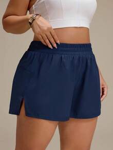 SHEIN Unity Quần short thể thao size lớn màu xanh navy có túi trong, phong cách thể thao thường ngày cho phòng gym mùa hè - Màu xanh hải quân - Xem 5