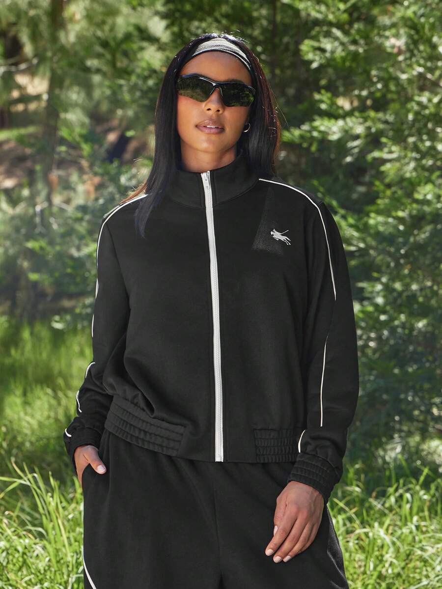 Voyena Women's Plus Size Equestrian Embroidered Striped Colorblock Zip-Up Sports Jacket - Black - View 1