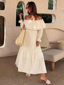 DAZY Autumn/Winter Ruffle Ruffle Long Sleeve Cinched Waist Hollow Embroidery Cotton Fabric Pastoral Style Women's Midi Dress - Apricot - View 5